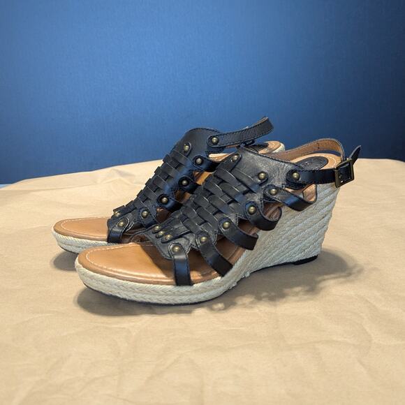 Fossil Cassidy Woven Wedge Sandals Leather Black Womens 7.5 Espadrilles Heels - Picture 2 of 6